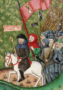 Středověká miniatura jezdce na bílém koni s palcátem a páskou přes oči, za ním pěší vojáci a korouhev s kalichem