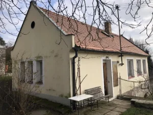 Přízemní žlutý domek se sedlovou střechou za holými větvemi