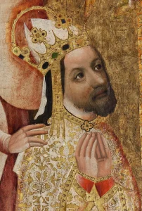 Klečící Karel IV. s korunou a vousy na gotické deskové malbě